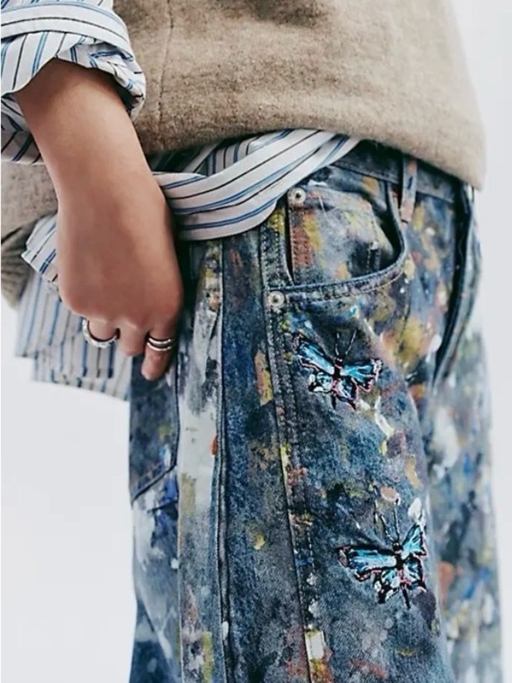 Free People Blue Paint-Splatter Wide-Leg Jeans with Butterfly Motif - Picture 6 of 15